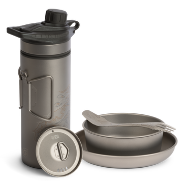 Grayl GeoPress Titanium Filter and Purifier Water Bottle PLUS Strainer Lid – 24 Fluid Ounces & Dining Set/ Cart View / Covert Black